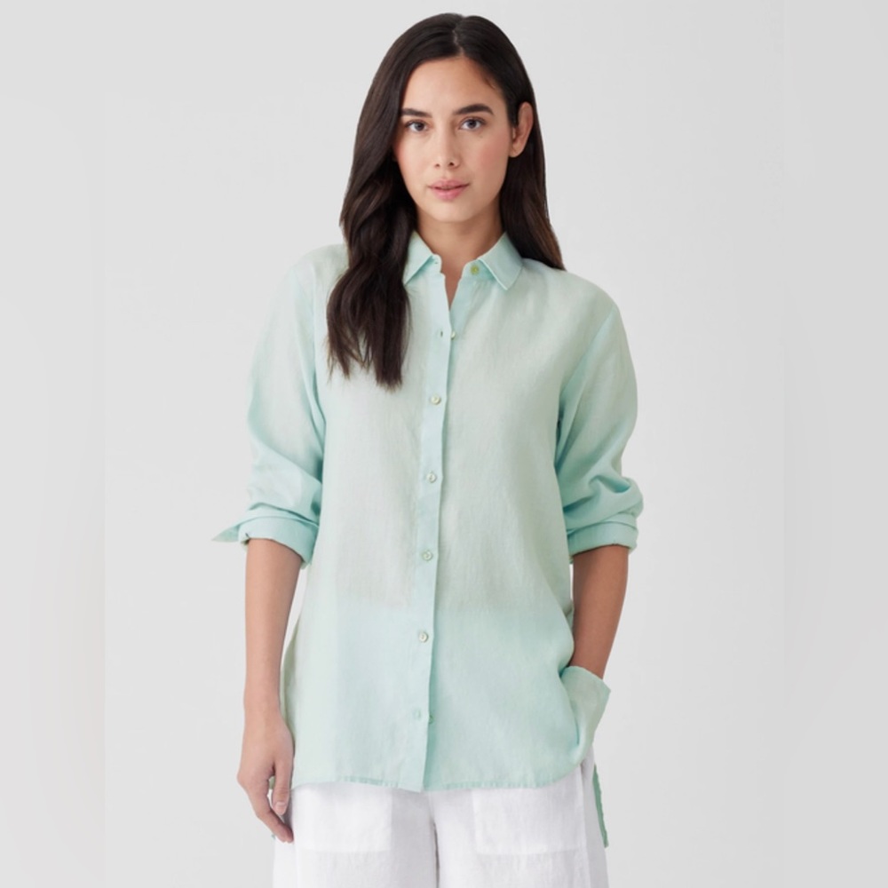 EILEEN FISHER Women’s Clearwater Handkerchief Linen Shirt Size XS Coastal Light